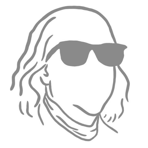 Ben, Benjamin's mascot: a line drawing of Benjamin Franklin in sunglasses